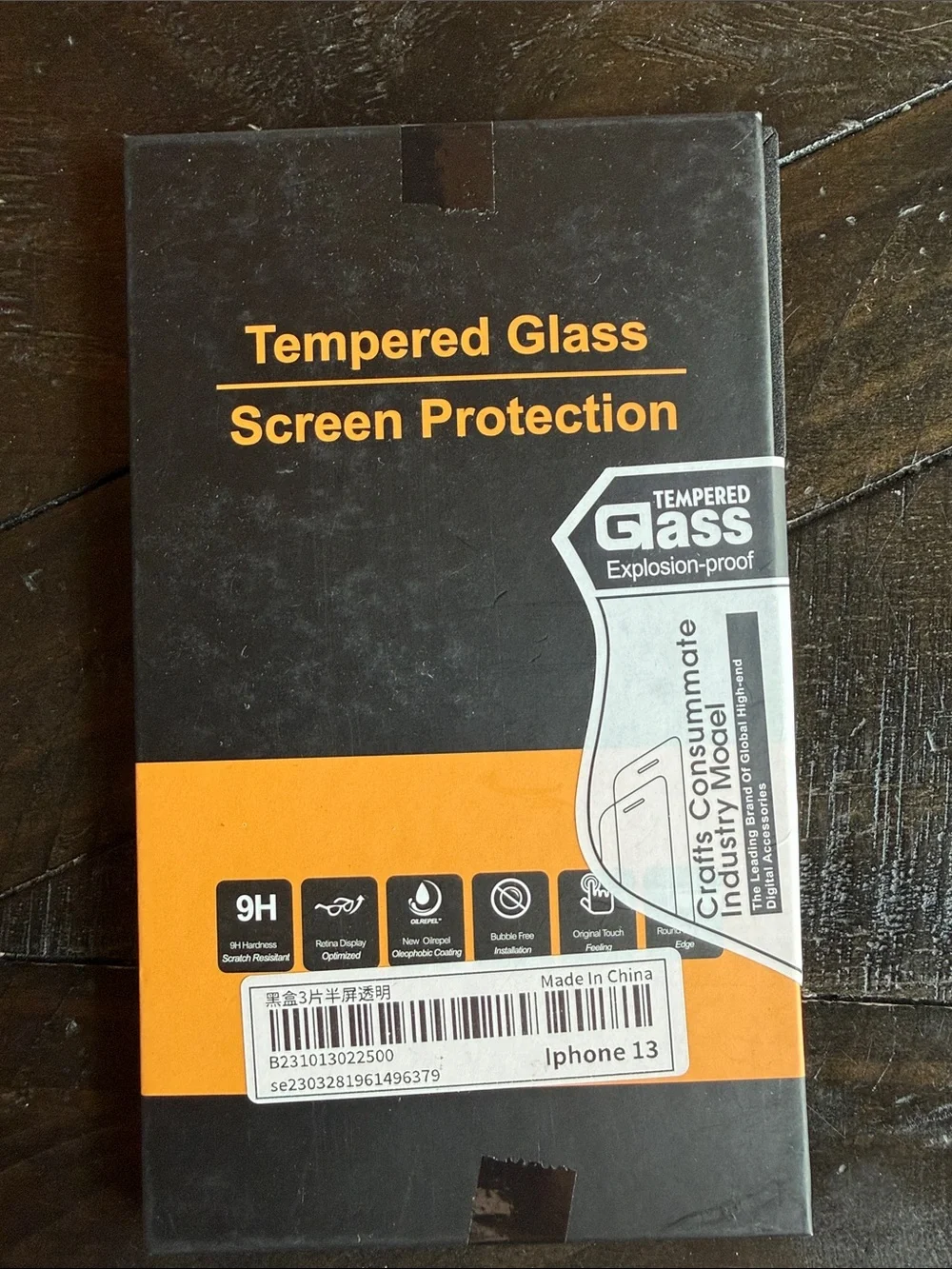 Tempered Glass Screen Protector for iPhone 13 - Black/Orange Packaging